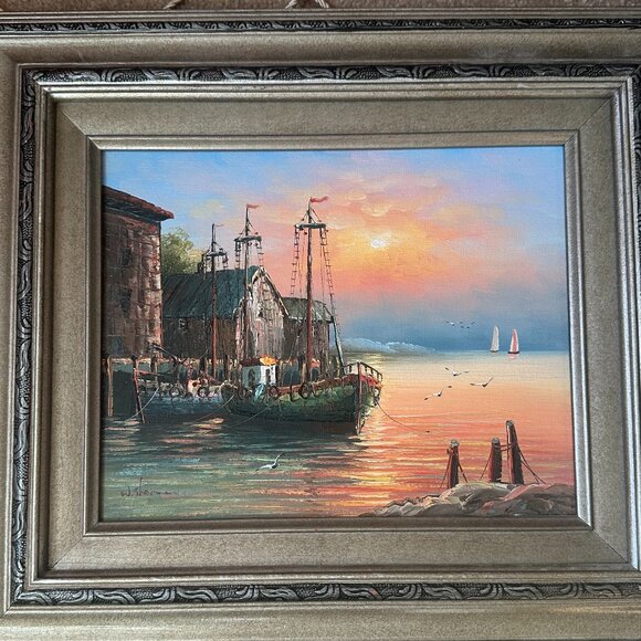 Vintage Sailboat Harbor Sunset Oil Painting - Brilliant and Breathtaking
